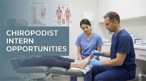 Chiropodist intern examining a patient's foot in a clinic with text overlay reading Chiropodist Intern Opportunities