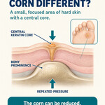 Educational illustration showing a corn’s central keratin core above a bony prominence with opposing pressure arrows.